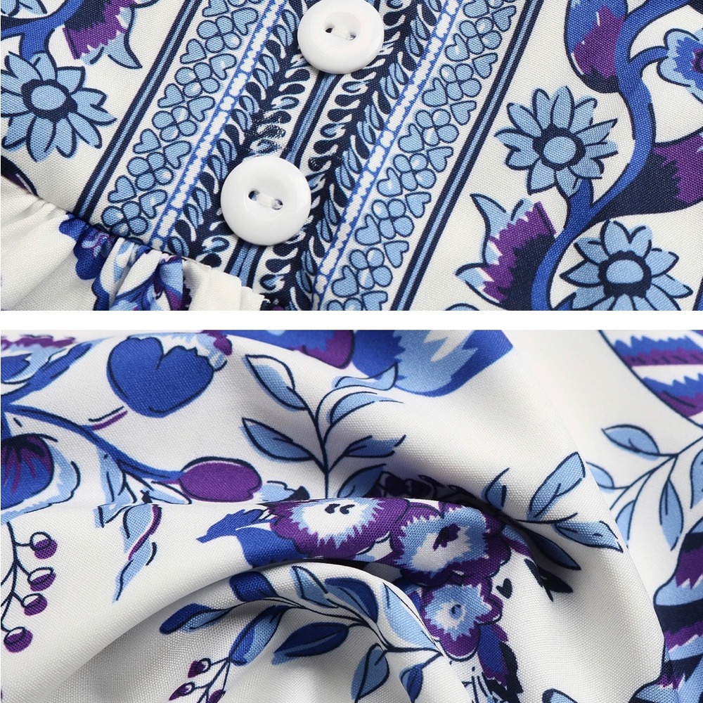 (Last 1) Athena Bohemian retro Greek floral blue/white tassel shirt sleeve top - Picture 7 of 8